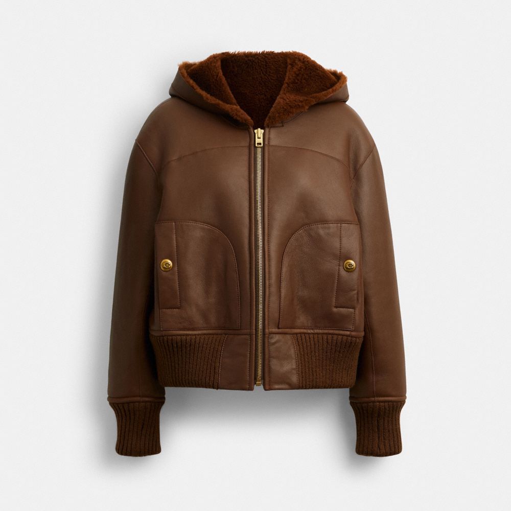 COACH®,Reversible Shearling Hoodie,Wool,Shearling,Lambskin,Leather,Acrylic,Polyamide,Shearling,Teddy,Metal,Shearling,Logo,...,Brown,Front View