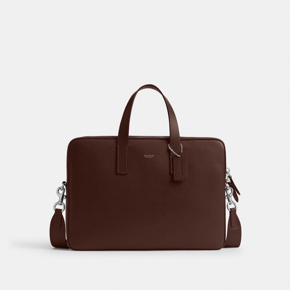 COACH®,Carlyle Brief Bag,Fabric,Leather,Briefcase,Convertible,Lined,Sustainable,Adjustable,Silver Metal,Work,Brown,Front View
