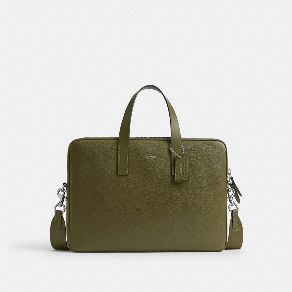 COACH®,Carlyle Brief Bag,Fabric,Leather,Briefcase,Convertible,Lined,Sustainable,Adjustable,Silver Metal,Work,Olive,Front View