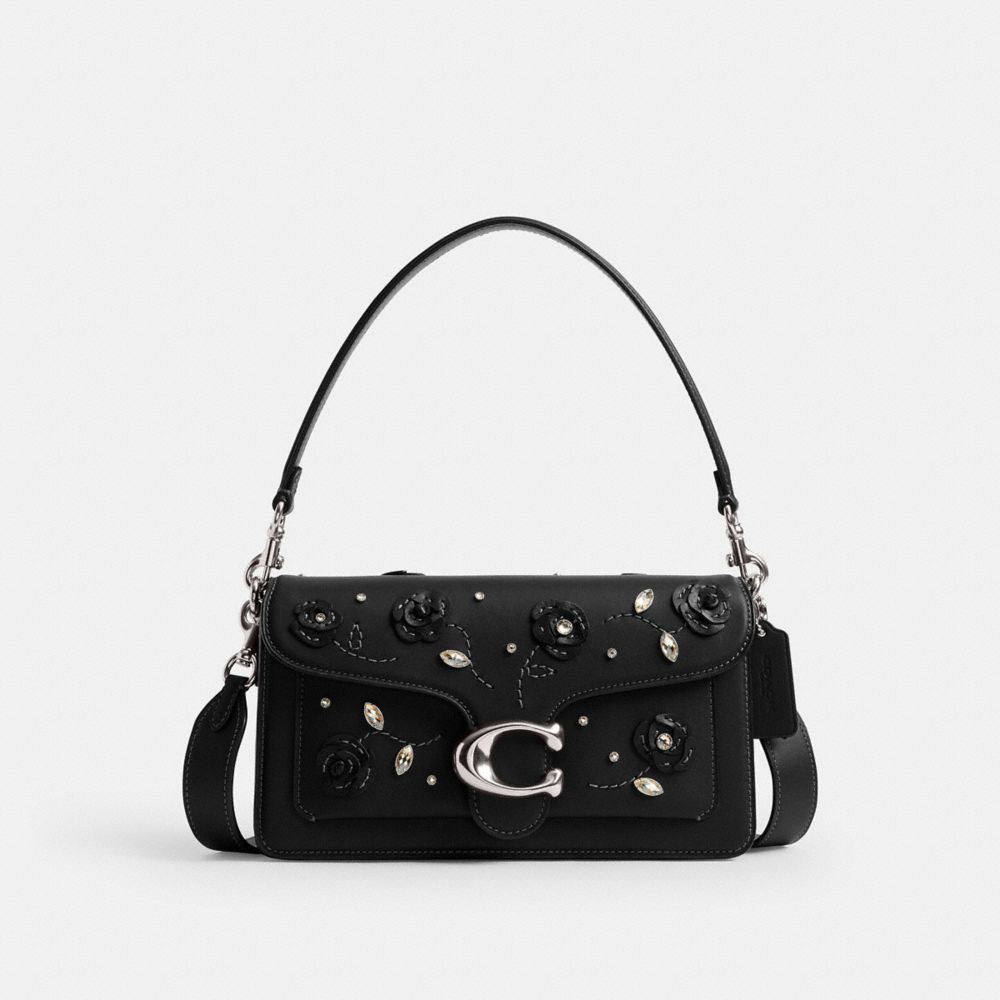 COACH®,Tabby Shoulder Bag 26 With Crystal Embellishment,Shoulder Bag,Crystal,Metal,Rhinestones,Applique,Logo,Silver Metal,...,Black,Front View