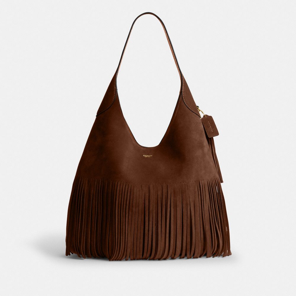 COACH®,Brooklyn Shoulder Bag 39 With Fringe,Suede,Hobo,Fringe,Brass,Day Party,Brown,Front View