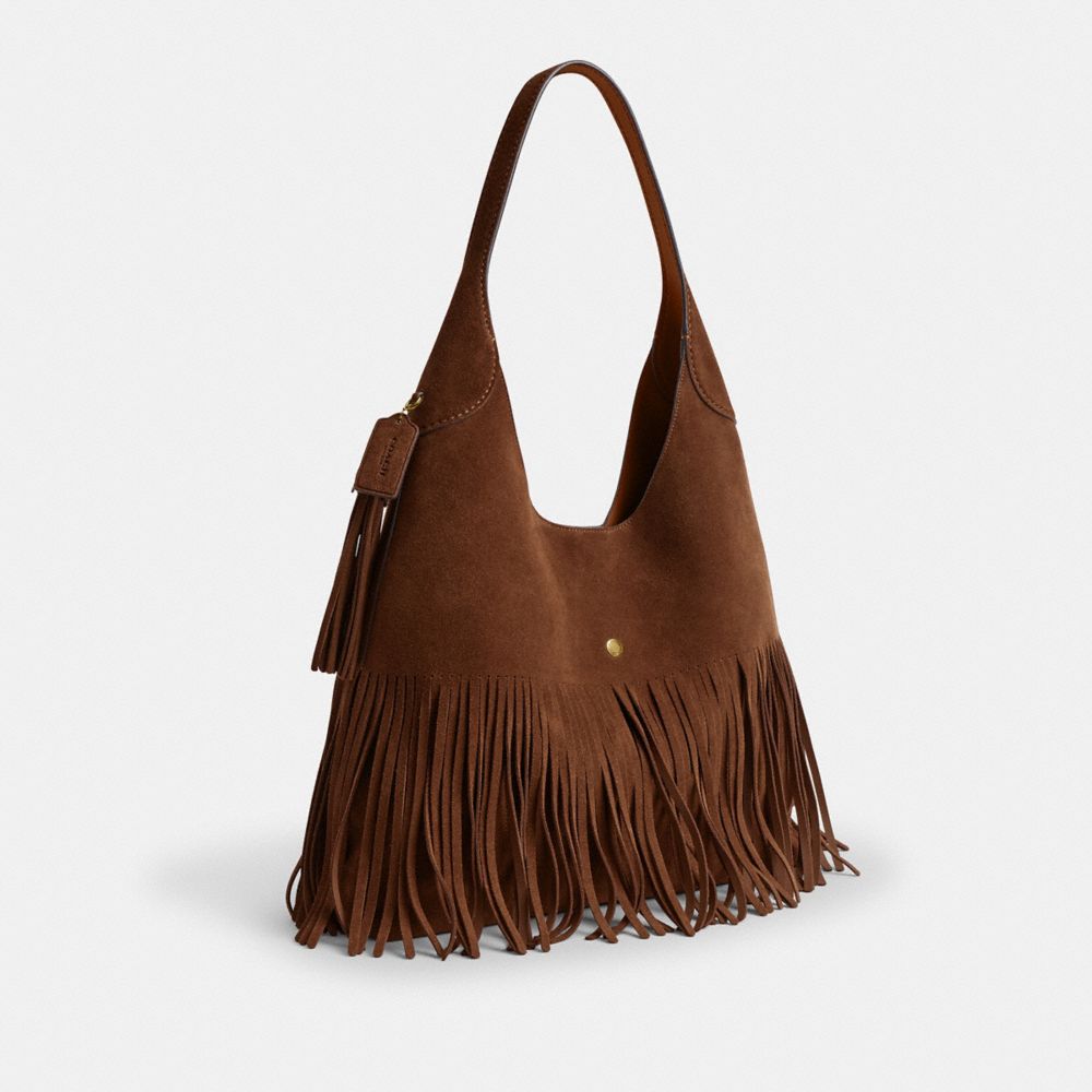 COACH®,Brooklyn Shoulder Bag 39 With Fringe,Suede,Hobo,Fringe,Brass,Day Party,Brown,Angle View