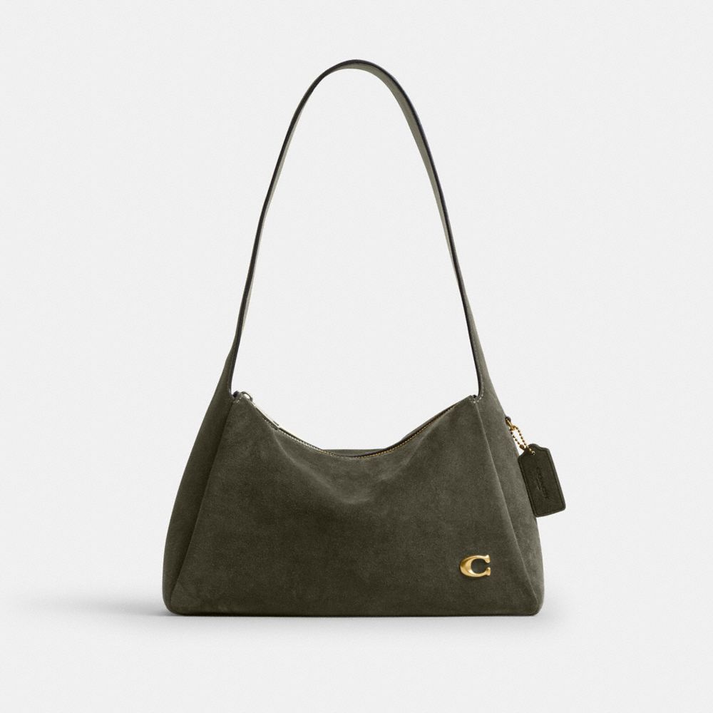 COACH®,Lola Shoulder Bag,Suede,Leather,Shoulder Bag,Logo,Metal,Brass,Casual,Olive,Front View