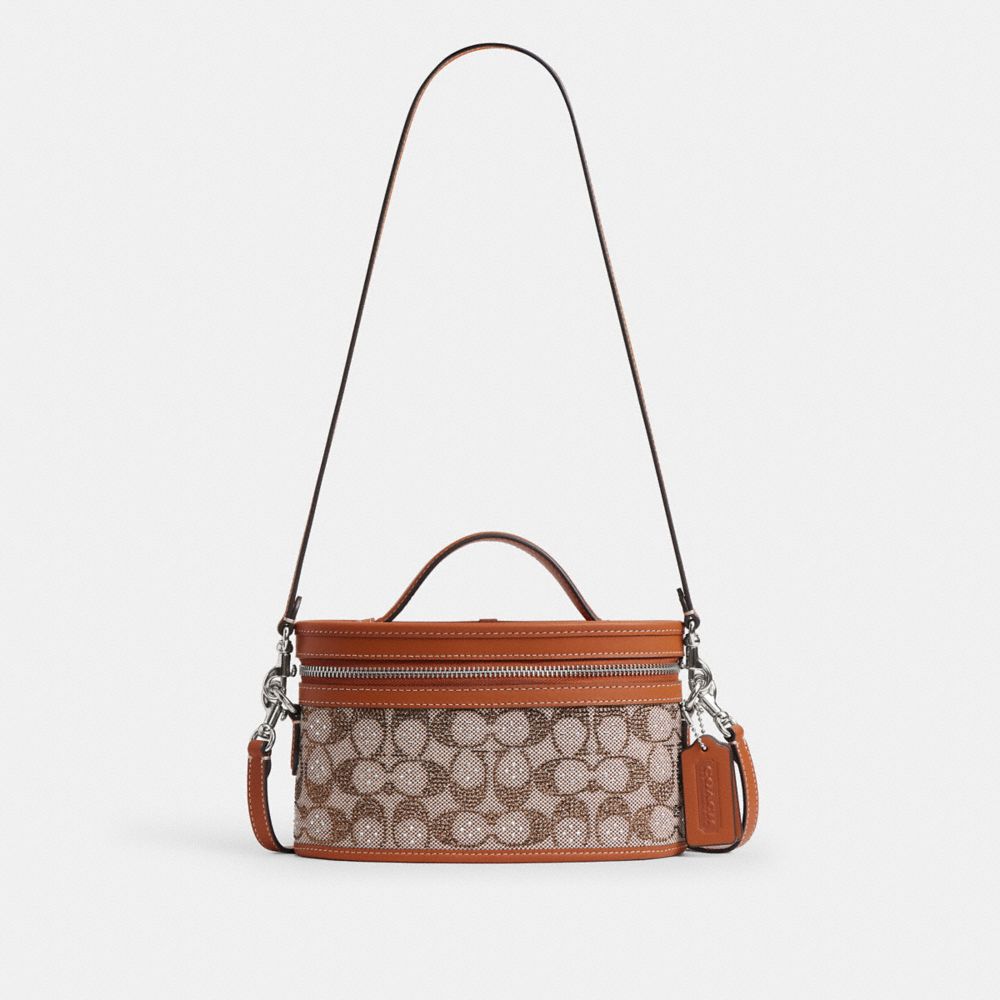 COACH®,Trail Bag In Crystal Signature Jacquard,Leather,Cotton,Fabric,Vanity Bag,Crystal,Color Block,Word Embellishment,Log...,Brown,Front View