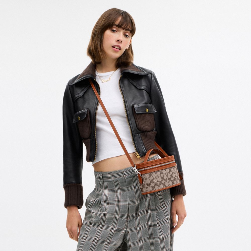 COACH®,Trail Bag In Crystal Signature Jacquard,Leather,Cotton,Fabric,Vanity Bag,Crystal,Color Block,Word Embellishment,Log...,Brown