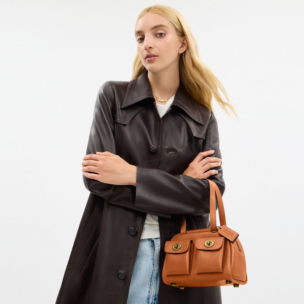 COACH®,Twin Turnlock Bag 20,Leather,Bowler Bag,Compact,Luggage Tag,Lined,Brass,Day Party,Brown,Detail View