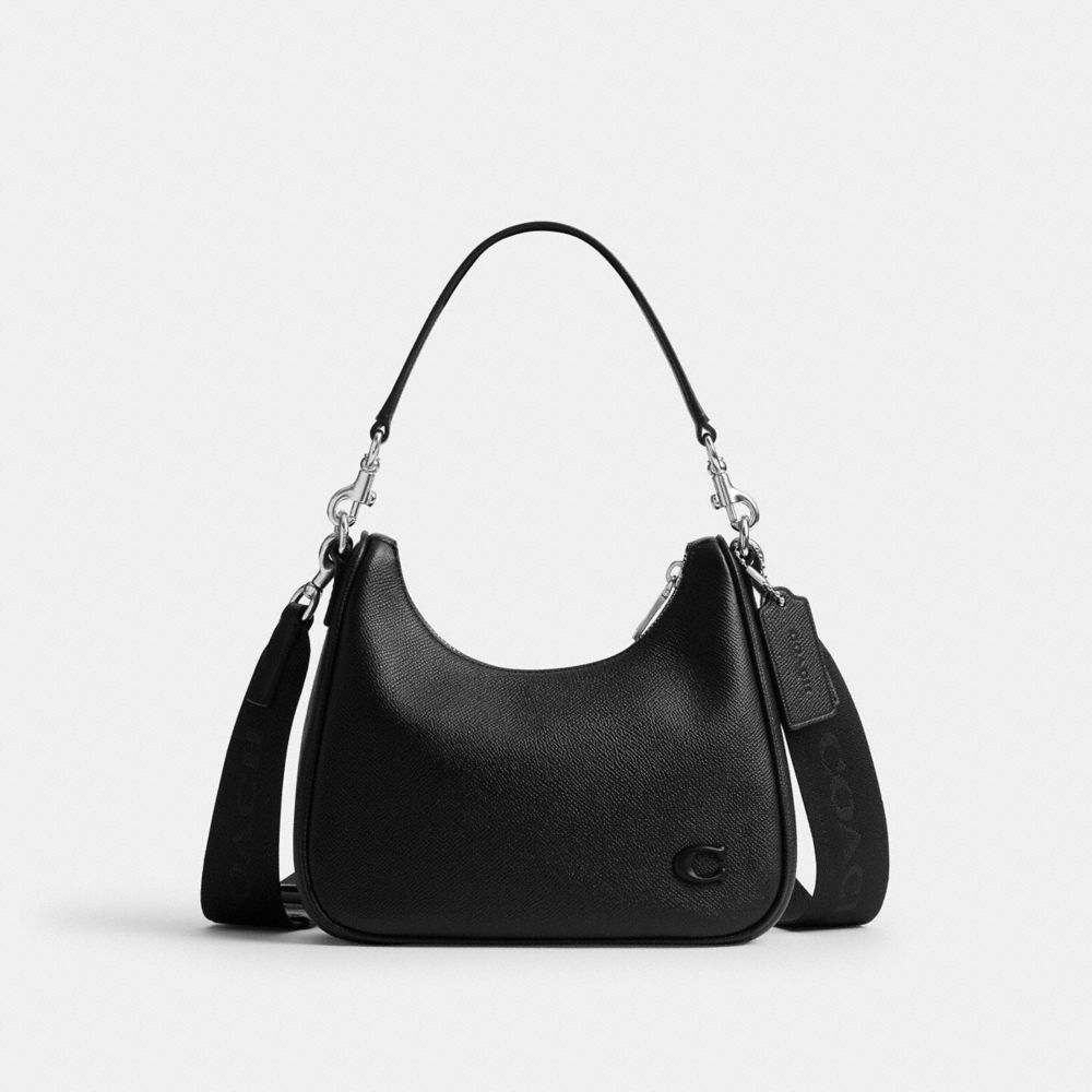 COACH®,Nolan Hobo Bag,Leather,Crossbody,Logo,Embellished,Compact,Adjustable,Scratch Resistant,Lined,Durable Fabric,Silver ...,Black,Front View