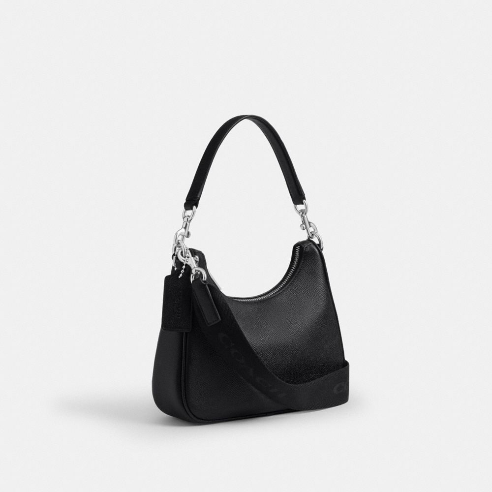 COACH®,Nolan Hobo Bag,Leather,Crossbody,Logo,Embellished,Compact,Adjustable,Scratch Resistant,Lined,Durable Fabric,Silver ...,Black,Angle View