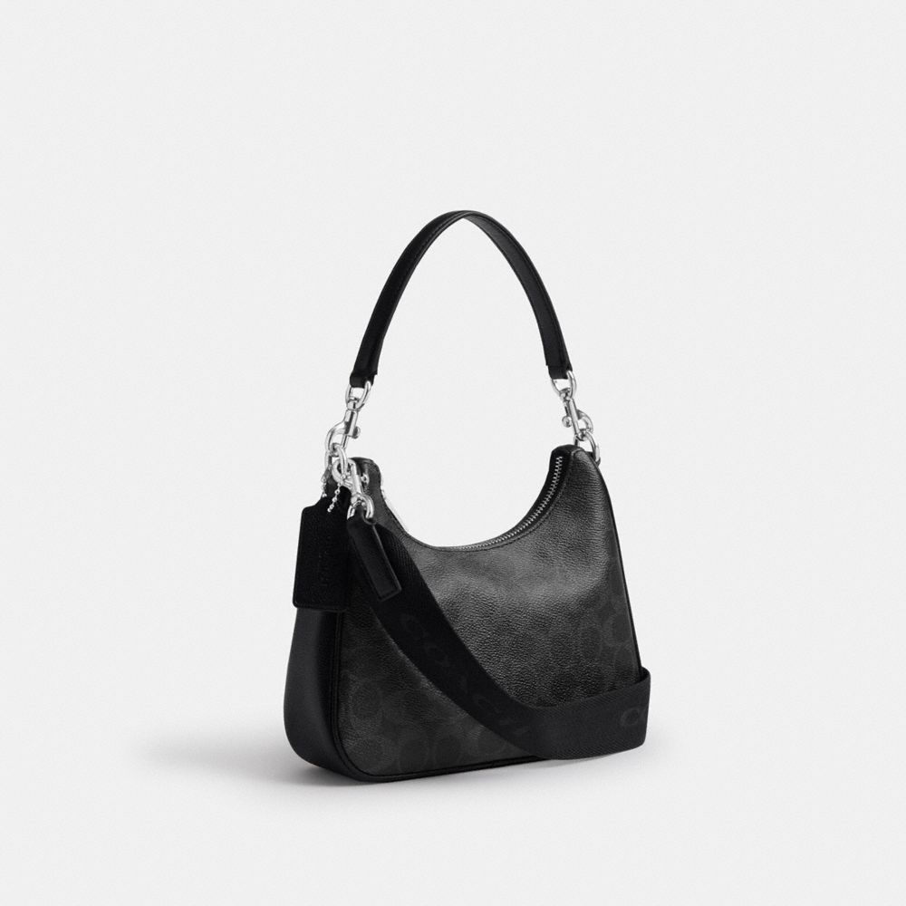 COACH®,Nolan Hobo Bag In Signature Canvas,Canvas,Leather,Crossbody,Logo,Scratch Resistant,Lined,Adjustable,Compact,Durable...,Black,Angle View