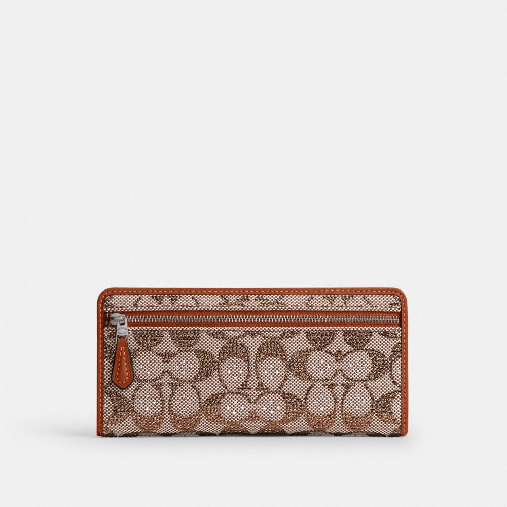 COACH®,Essential Slim Wallet In Crystal Signature Jacquard,Cotton,Recycled Cotton,Recycled Polyester,Leather,Polyester,Bi ...,Multi Color,Back View