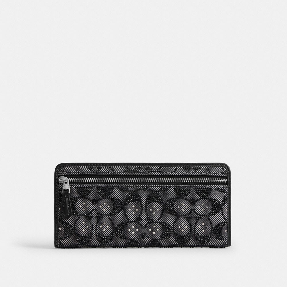 COACH®,Essential Slim Wallet In Crystal Signature Jacquard,Cotton,Recycled Cotton,Recycled Polyester,Leather,Polyester,Bi ...,Gray,Back View