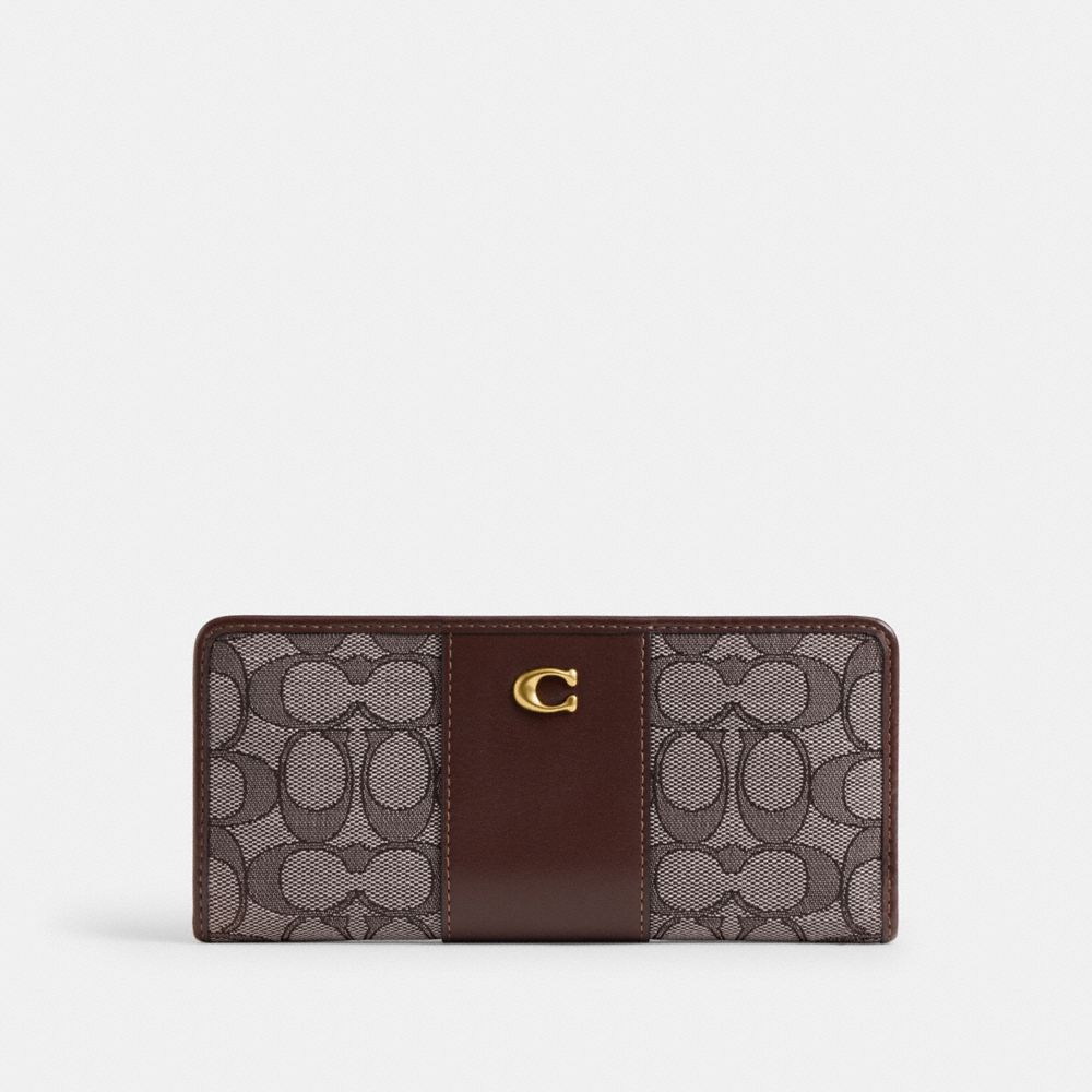 COACH®,Essential Slim Wallet In Signature Jacquard,Recycled Polyester,Cotton,Polyester,Recycled Cotton,Leather,Calfskin Le...,Brown,Front View