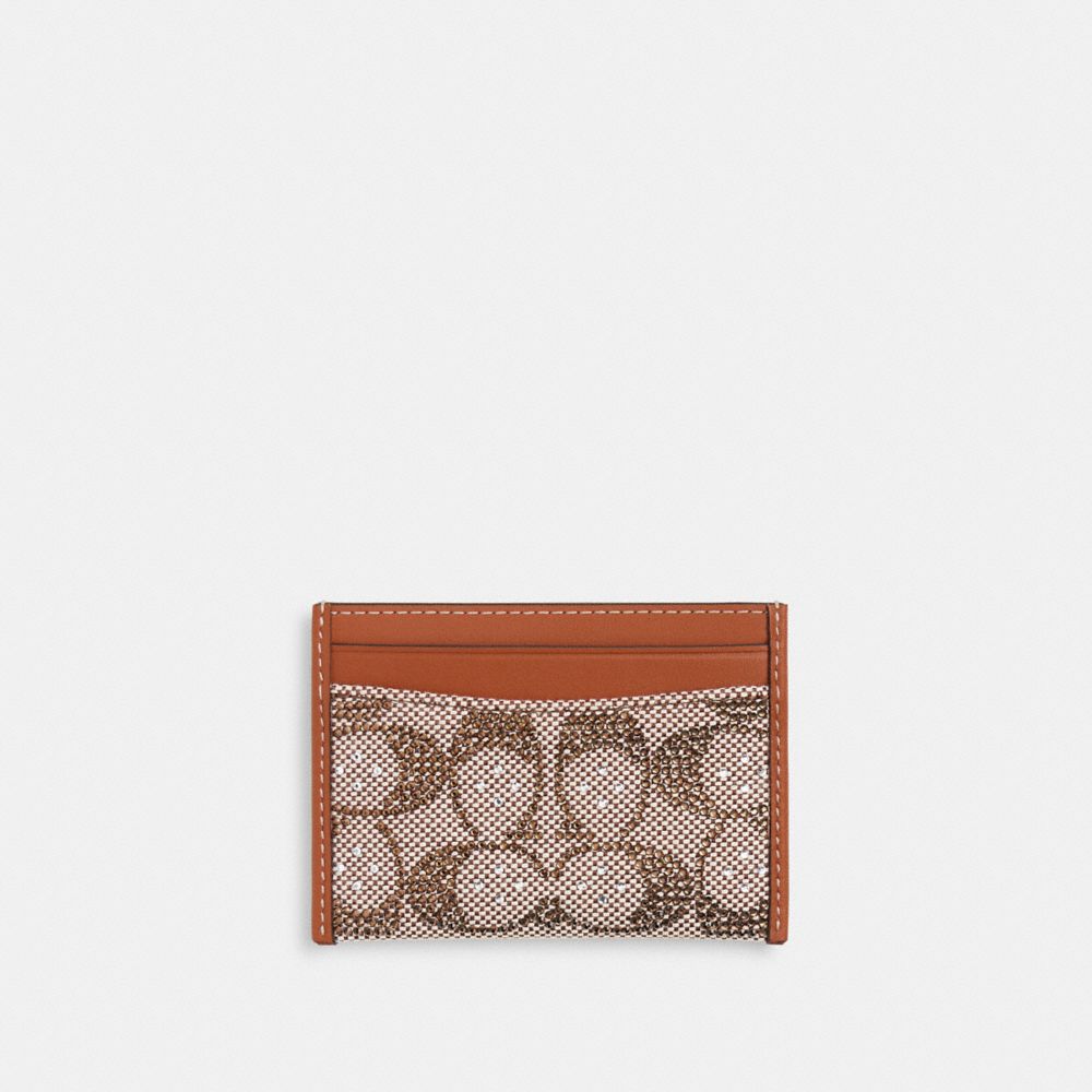 COACH®,Essential Card Case In Crystal Signature Jacquard,Recycled Polyester,Leather,Recycled Cotton,Cotton,Card Case,Logo,...,Brown,Front View
