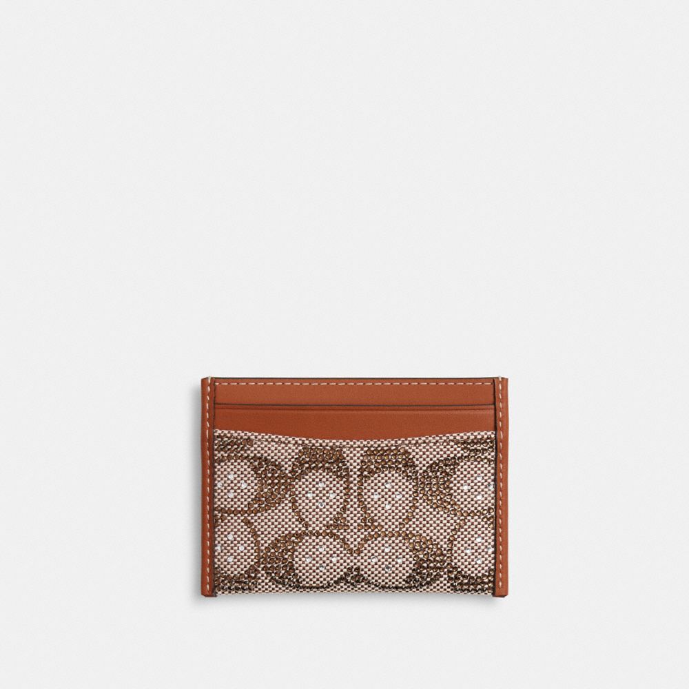 COACH®,Essential Card Case In Crystal Signature Jacquard,Recycled Polyester,Leather,Recycled Cotton,Cotton,Card Case,Logo,...,Brown,Back View