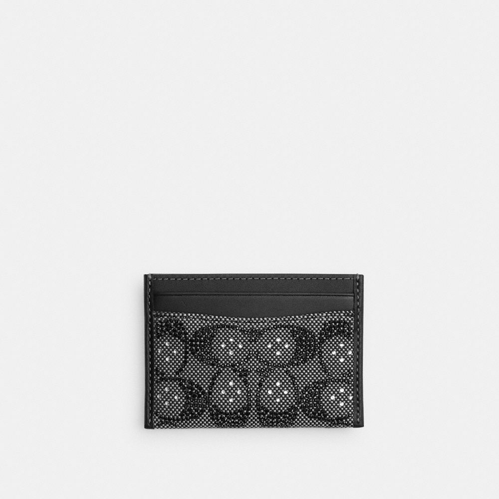 COACH®,Essential Card Case In Crystal Signature Jacquard,Recycled Polyester,Leather,Recycled Cotton,Cotton,Card Case,Logo,...,Black,Front View