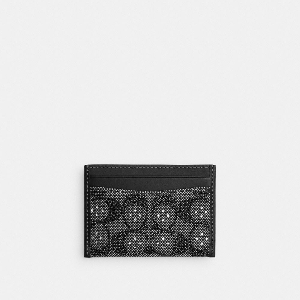 COACH®,Essential Card Case In Crystal Signature Jacquard,Recycled Polyester,Leather,Recycled Cotton,Cotton,Card Case,Logo,...,Black,Back View
