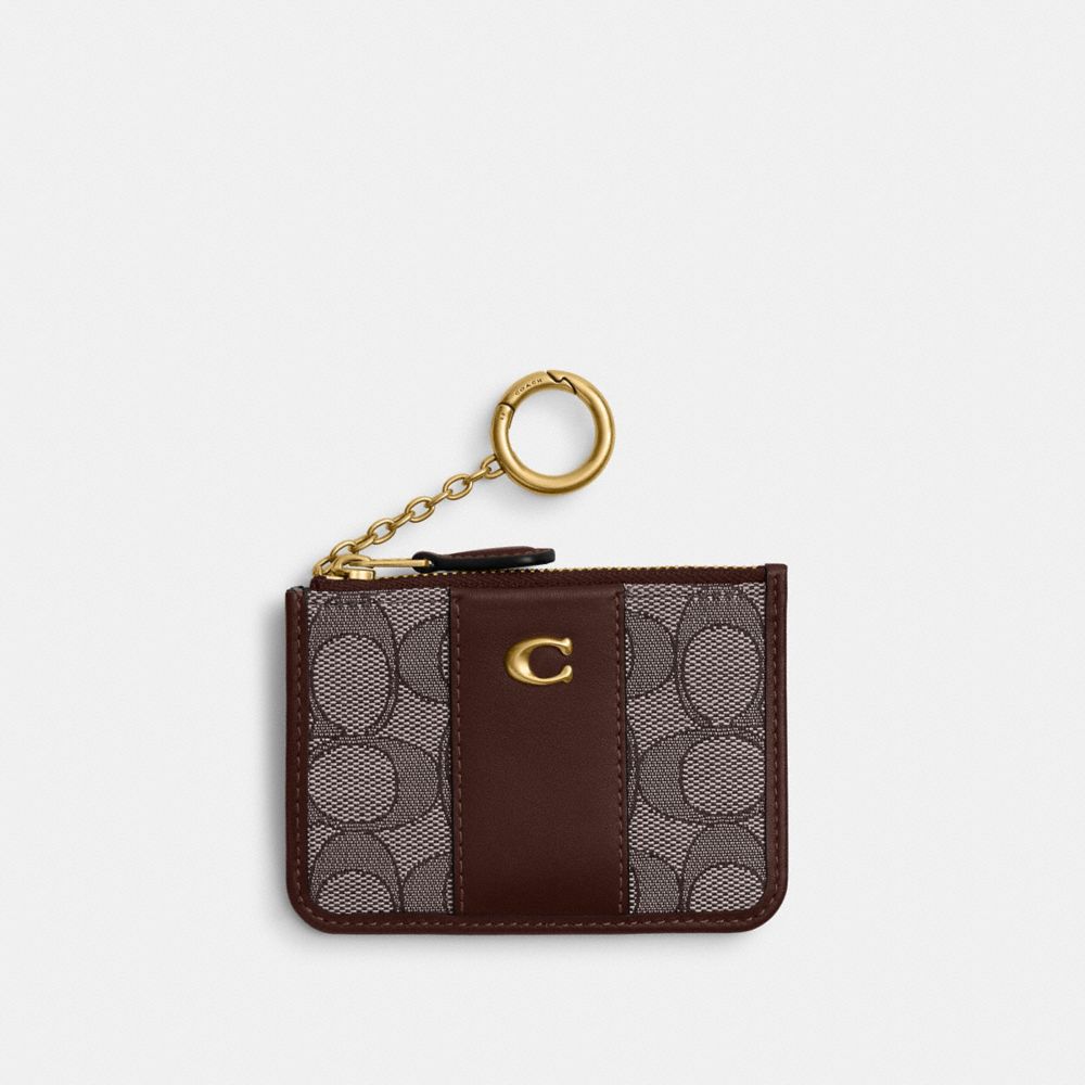 COACH®,Essential Mini Id Card Case In Signature Jacquard,Leather,Recycled Cotton,Cotton,Recycled Polyester,Coin,Card Case,...,Brown,Front View