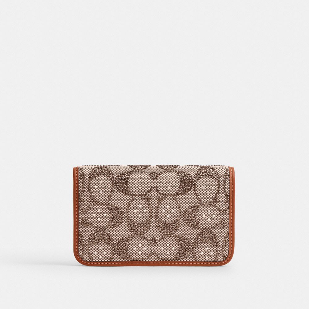 COACH®,Essential Slim Card Case In Crystal Signature Jacquard,Leather,Recycled Polyester,Cotton,Bi Fold,Piping,Logo,Casual,Brown,Front View