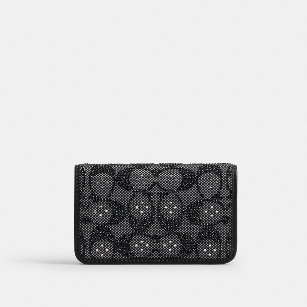 COACH®,Essential Slim Card Case In Crystal Signature Jacquard,Leather,Recycled Polyester,Cotton,Bi Fold,Piping,Logo,Casual,Black,Front View