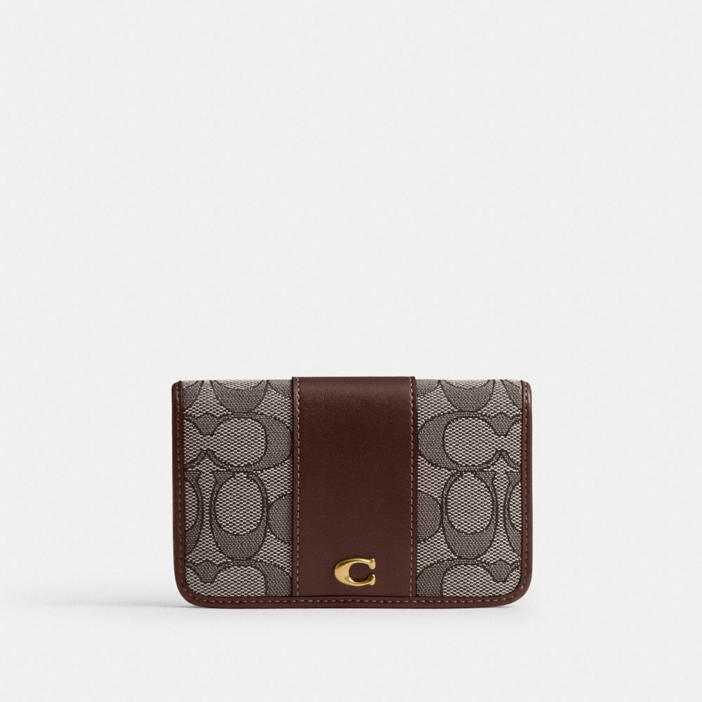 COACH®,Essential Slim Card Case In Signature Jacquard,Calfskin Leather,Polyester,Leather,Cotton,Recycled Polyester,Bi Fold...,Brown,Front View