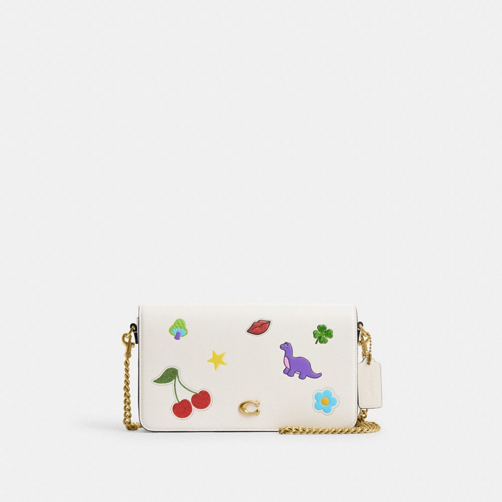 COACH®,Mila Crossbody Bag With Sticker Print,Leather,Canvas,Calfskin Leather,Crossbody,Graphic,Embellished,Removable Pouch...,White,Front View