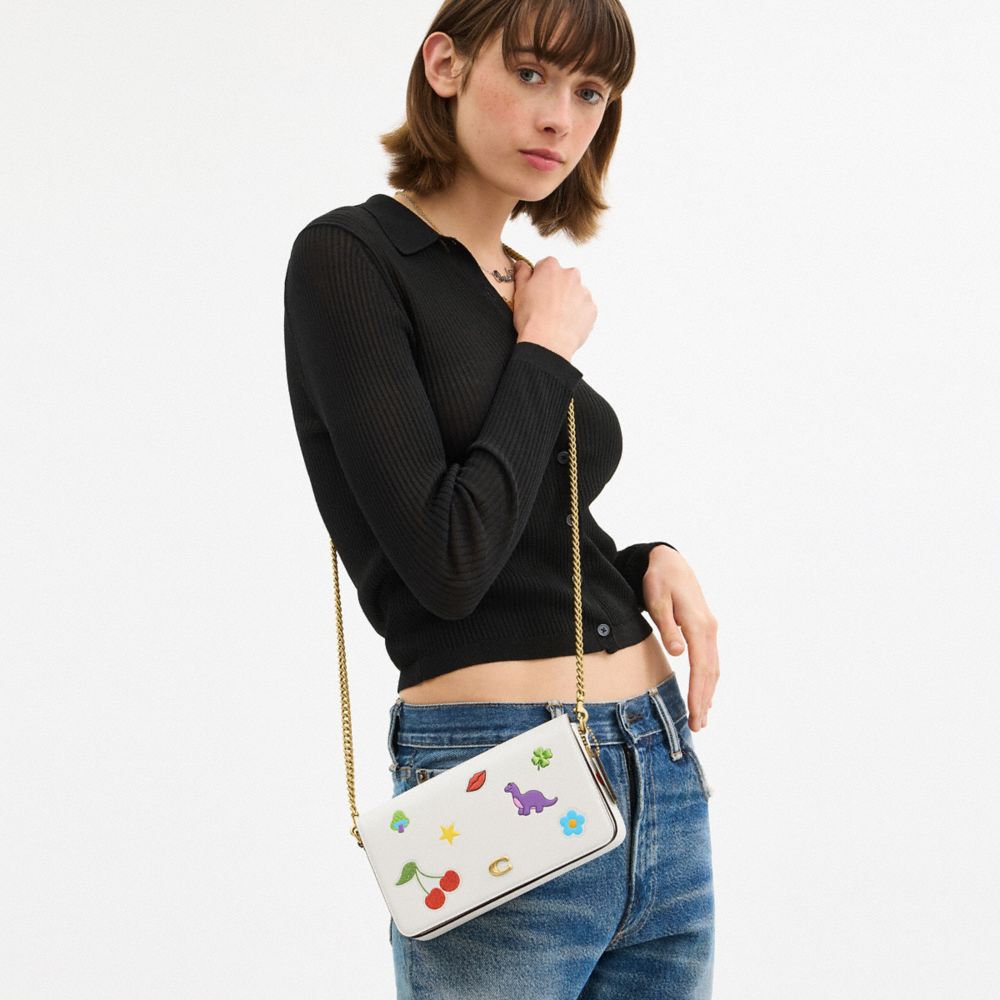 COACH®,Mila Crossbody Bag With Sticker Print,Leather,Canvas,Calfskin Leather,Crossbody,Graphic,Embellished,Removable Pouch...,White,Detail View
