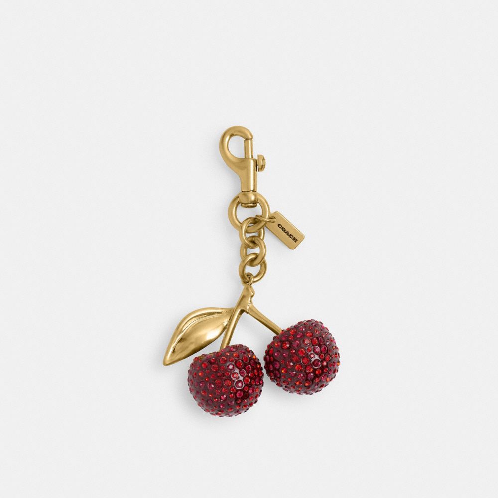 COACH®,Crystal Cherry Bag Charm,Bag Charm,Resin,Crystal,Metal Material,Rhinestones,Key Ring,Brass,Gold Metal,Maroon,Front View