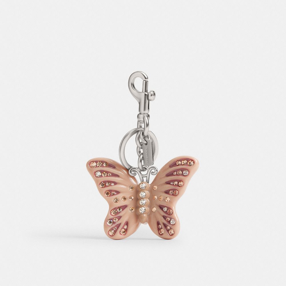 COACH®,Butterfly Bag Charm,Bag Charm,Metal Material,Resin,Crystal,Gem Embellishment,Key Ring,Silver Metal,Brown,Front View