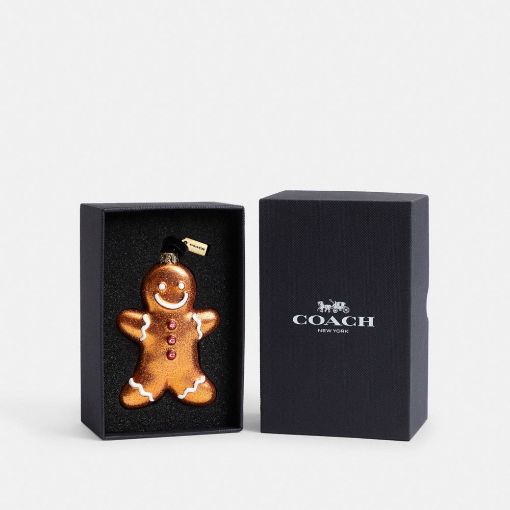 COACH®,Gingerbread Man Ornament,Tree Ornament,Glass,Glitter,Gold Plated,Copper,Front View