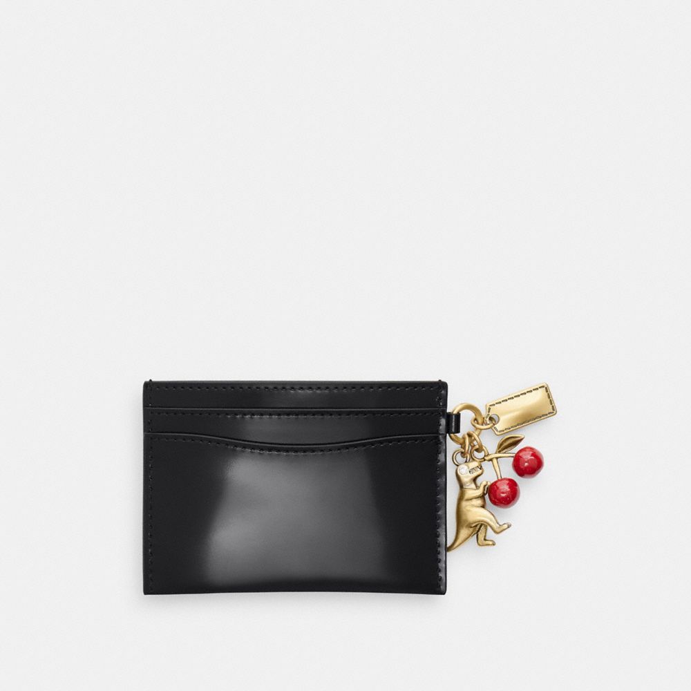 COACH®,Essential Card Case In Spazzolato Leather With Charms,Leather,Card Case,3D Embellishment,Metal,Logo,Pendant,Casual,Black,Back View