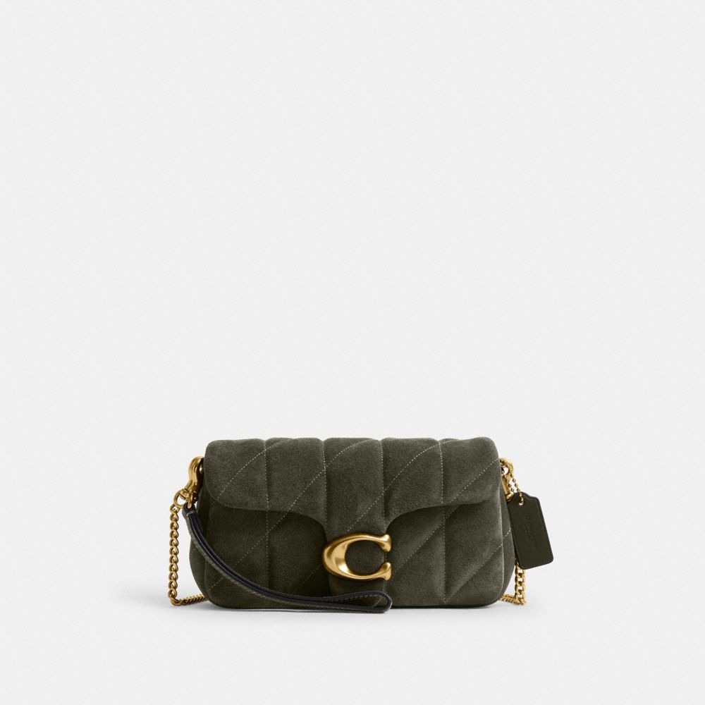 COACH®,Tabby Chain Crossbody Bag 19 With Quilting,Suede,Leather,Crossbody,Quilted,Chain Detail,Logo,2 in 1,Lined,Compact,P...,Olive,Front View