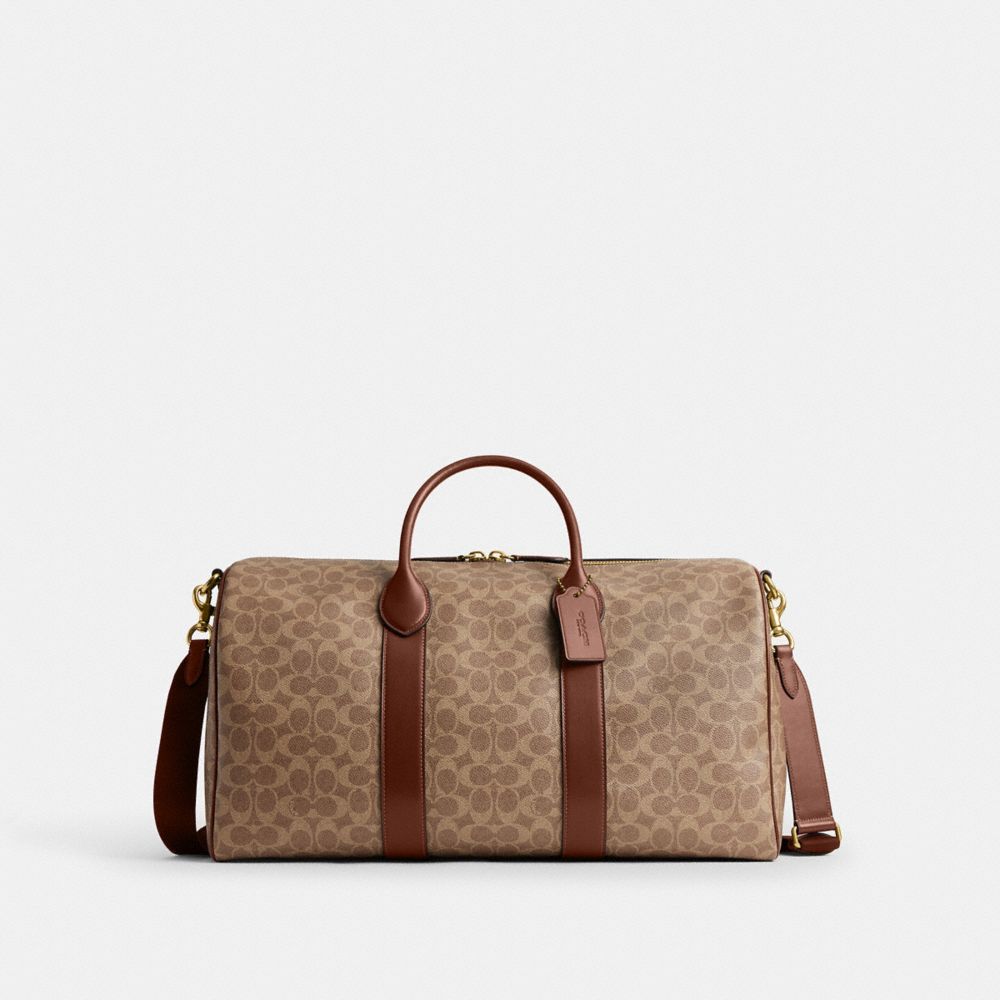 COACH®,Compass Bag 50 In Signature Canvas,Canvas,Leather,Weekender,Gold Metal,Beige,Front View