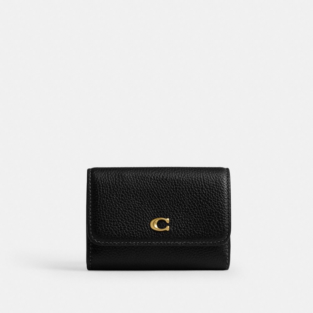 COACH®,Essential Flap Card Case,Leather,Bi Fold,Embellished,Logo,Metal,Casual,Black,Front View