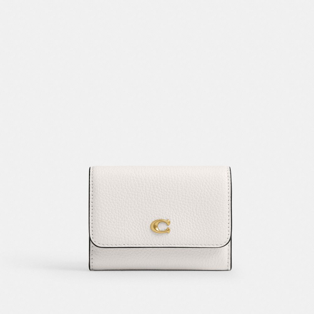 COACH®,Essential Flap Card Case,Leather,Bi Fold,Embellished,Logo,Metal,Casual,White,Front View