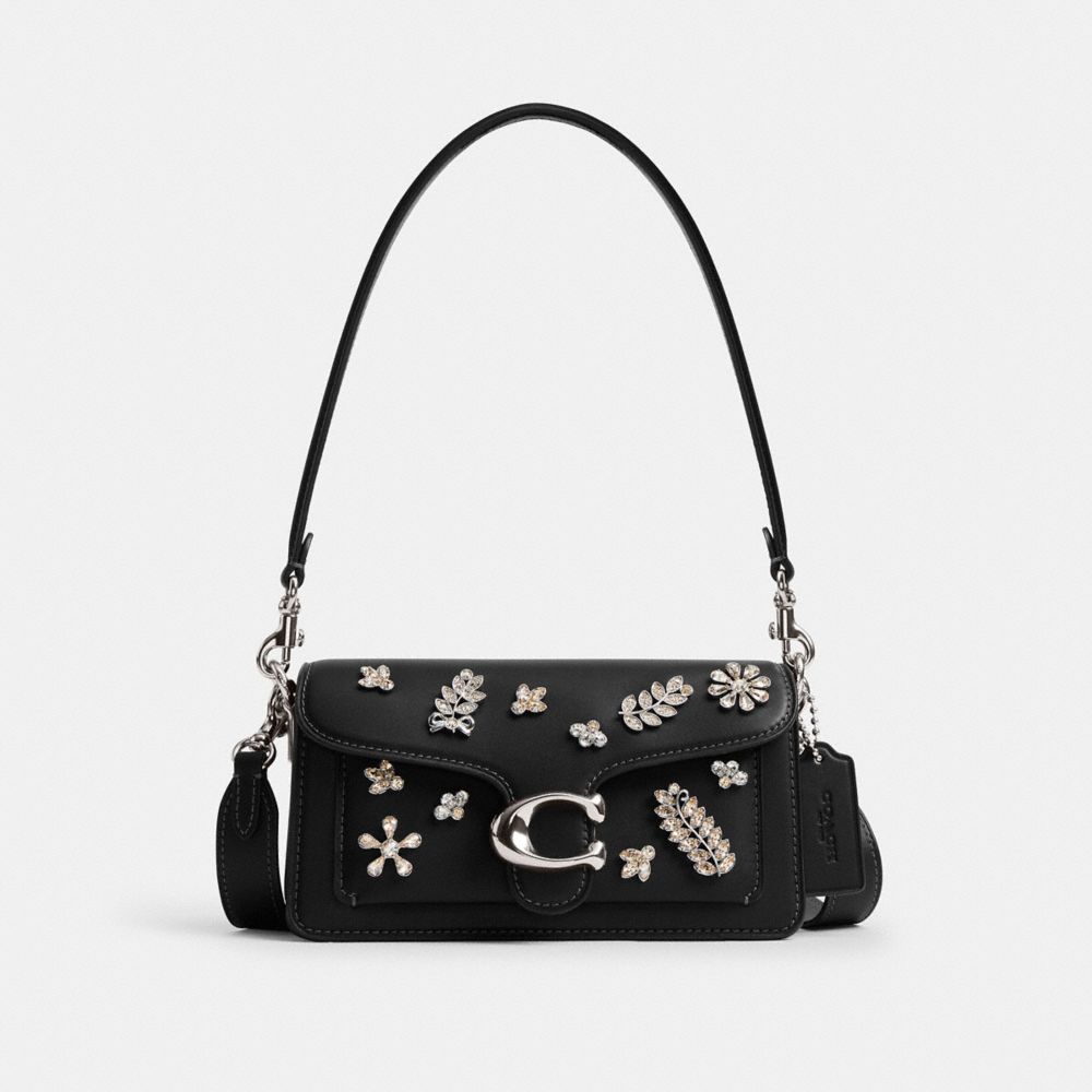 COACH®,Tabby Shoulder Bag 20,Shoulder Bag,Rhinestones,Embellished,Logo,Metal,Silver Metal,Cocktail,Black,Front View