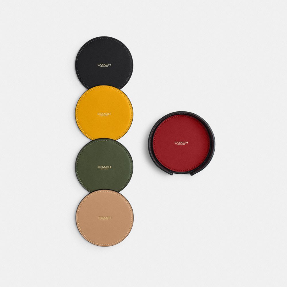 COACH®,Coaster Set,Leather,Drink Coaster,Leather,Logo,Reusable,Multi Color,Back View