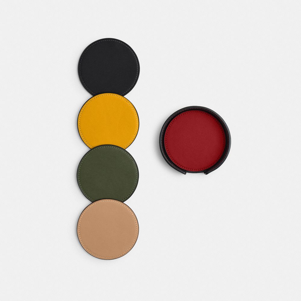 COACH®,Coaster Set,Leather,Drink Coaster,Leather,Logo,Reusable,Multi Color,Inside View,Top View