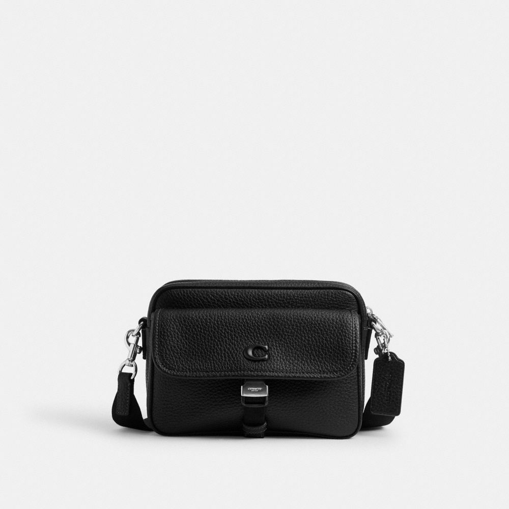 COACH®,Knox Camera Bag,Leather,Crossbody,Metal,Logo,Compact,Silver Metal,Black,Front View