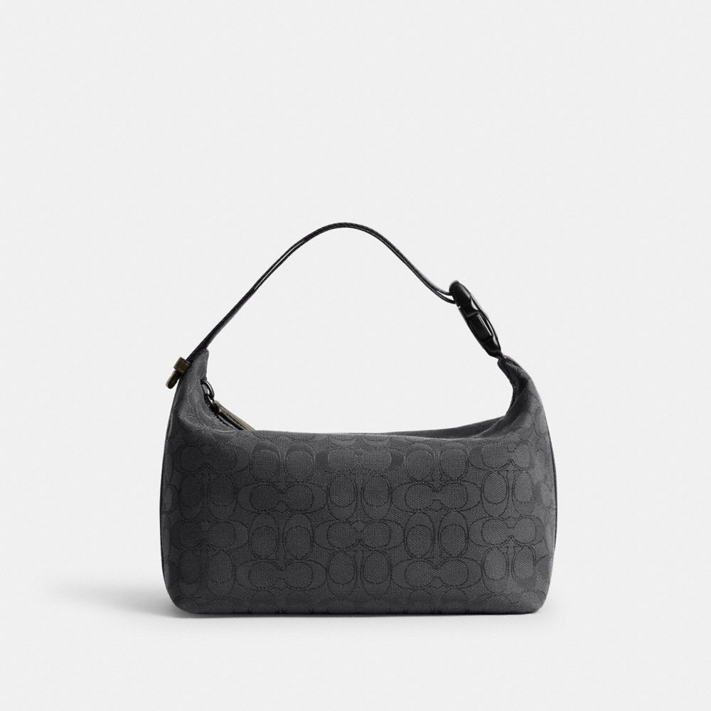 COACH®,Travel Kit With Speedclip In Signature Jacquard,Leather,Cotton,Polyester,Toiletry Bag,Gray,Back View
