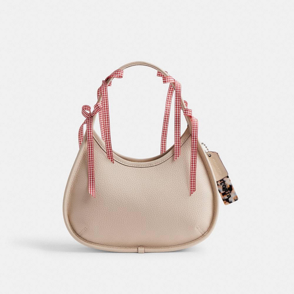 COACH®,Ergo Bag In Pebbled Coachtopia Leather With Gingham Bows,Recycled Polyester,Leather,Shoulder Bag,Embossed,Logo,Patt...,Beige,Front View
