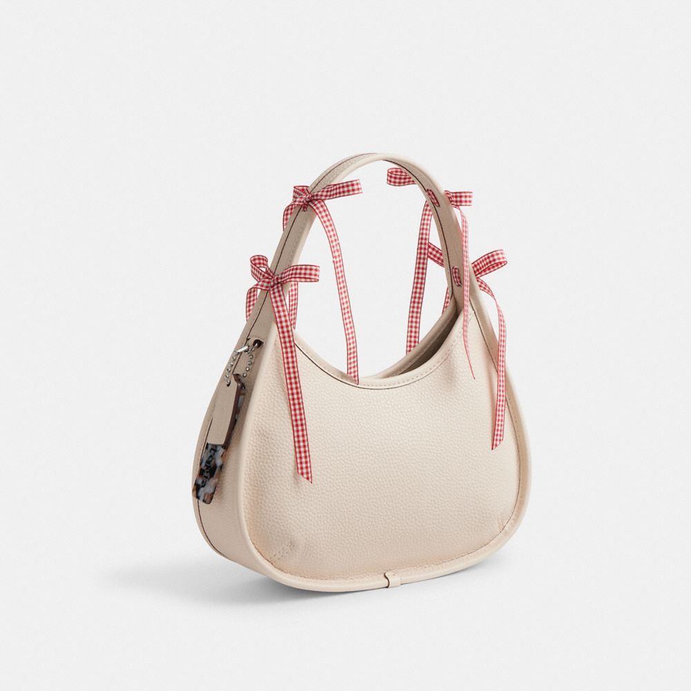 COACH®,Ergo Bag In Pebbled Coachtopia Leather With Gingham Bows,Recycled Polyester,Leather,Shoulder Bag,Embossed,Logo,Patt...,Beige,Angle View