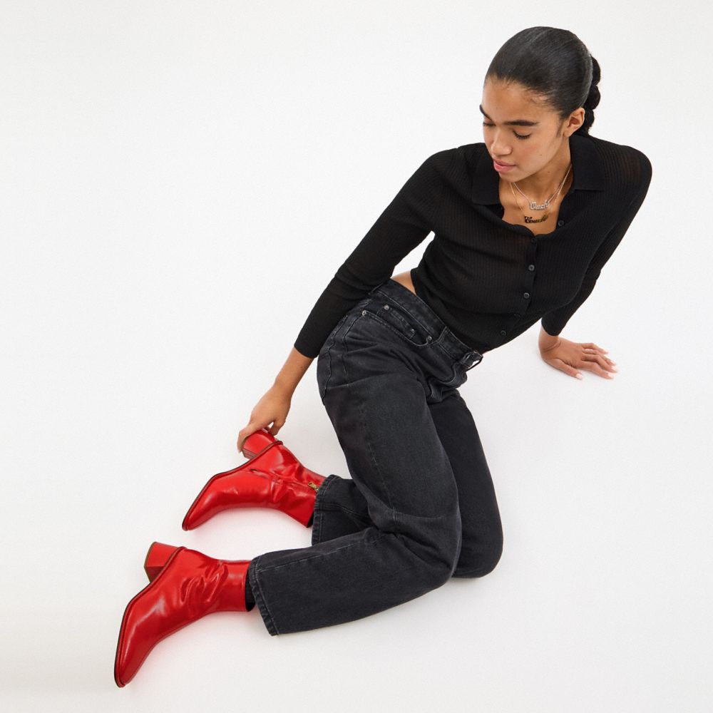 COACH®,Gigi Bootie,Rubber,Leather,Faux Leather,Lining Leather,Vegan Leather,Bootie,Embellished,Metal,Padded Insole,Pull Ta...,Red,Detail View