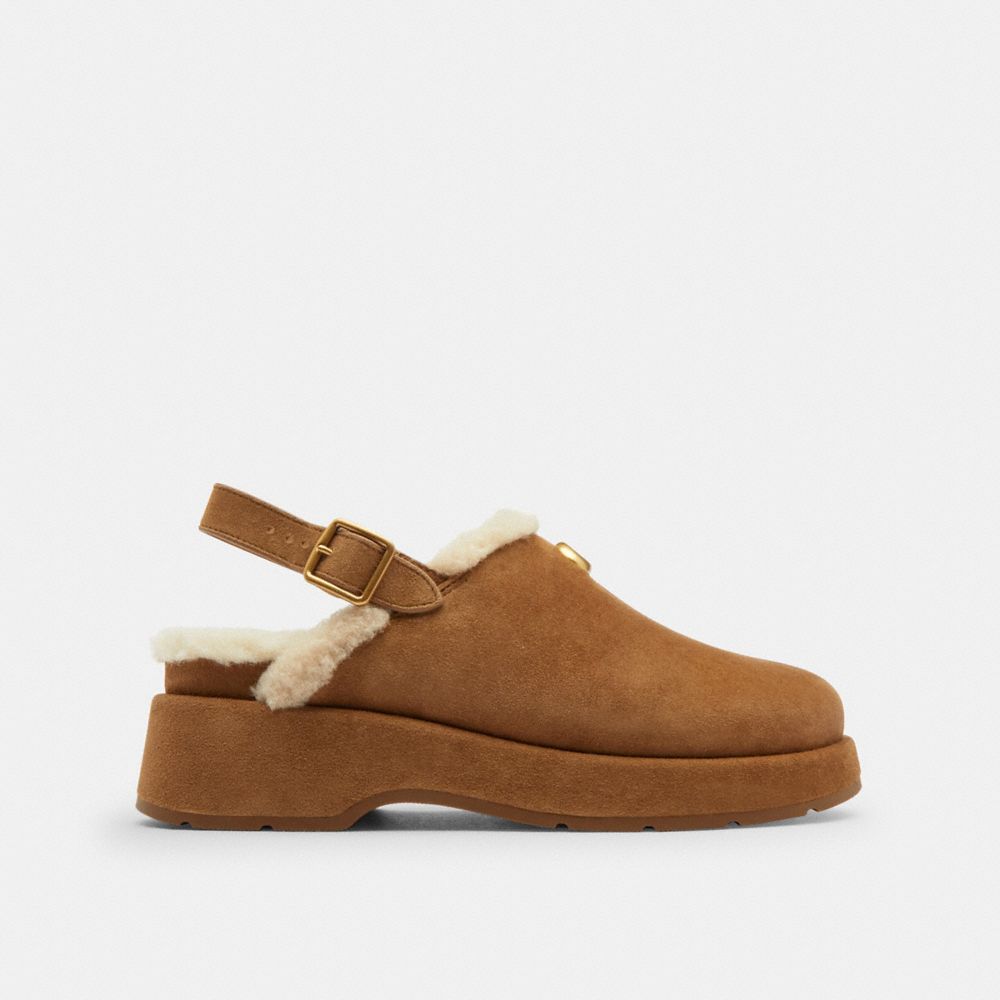 COACH®,Sculpted C Platform Clog,Rubber,Suede,Shearling,Clogs,Logo,Piping,Metal,Shearling,Elastic Gore,Padded Insole,Casual,Brown,Angle View