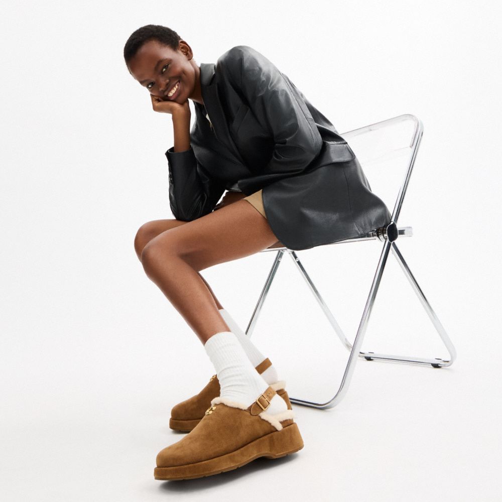 COACH®,Sculpted C Platform Clog,Rubber,Suede,Shearling,Clogs,Logo,Piping,Metal,Shearling,Elastic Gore,Padded Insole,Casual,Brown,Detail View