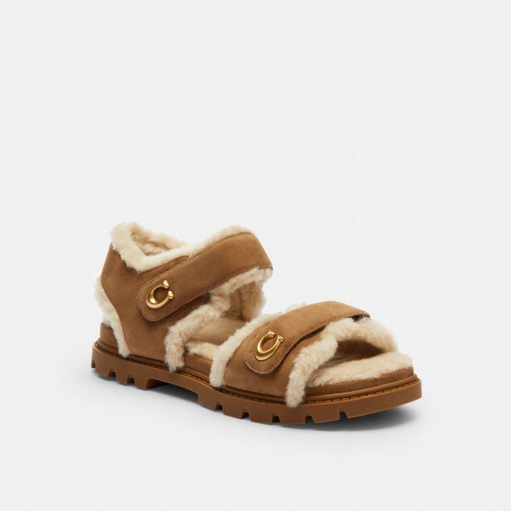 COACH®,Brynn Sandal,Rubber,Suede,Shearling,Sandals,Piping,Logo,Shearling,Cushioned,Padded Insole,Casual,Brown,Front View