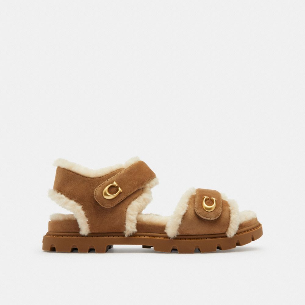 COACH®,Brynn Sandal,Rubber,Suede,Shearling,Sandals,Piping,Logo,Shearling,Cushioned,Padded Insole,Casual,Brown,Angle View