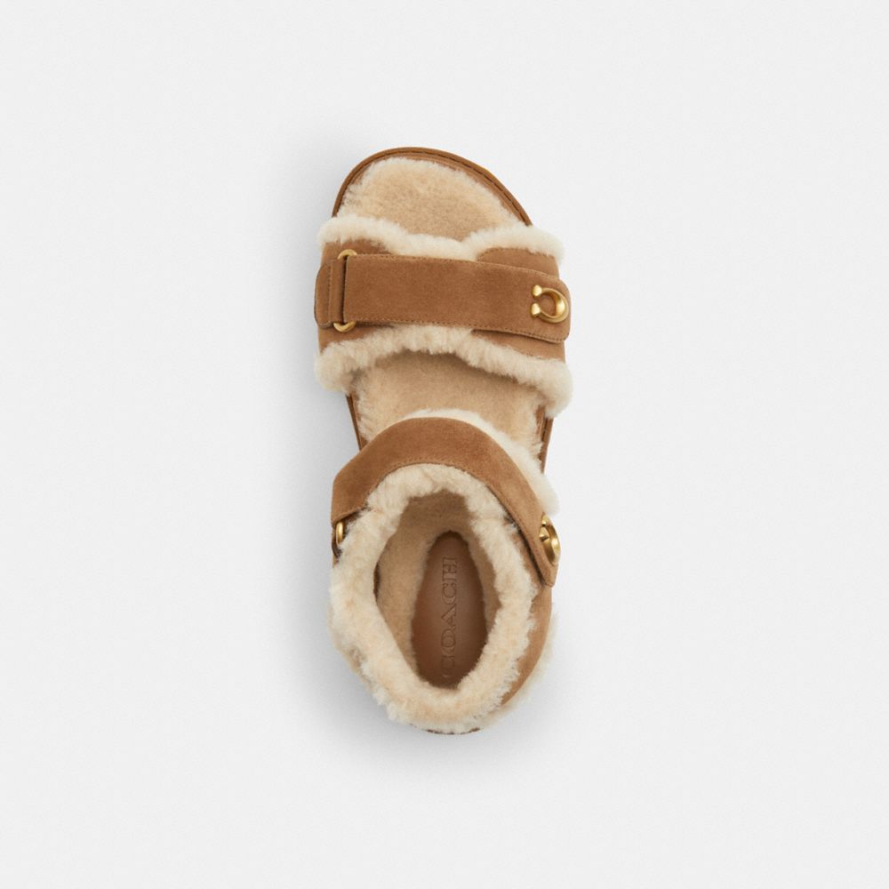 COACH®,Brynn Sandal,Rubber,Suede,Shearling,Sandals,Piping,Logo,Shearling,Cushioned,Padded Insole,Casual,Brown,Inside View,Top View