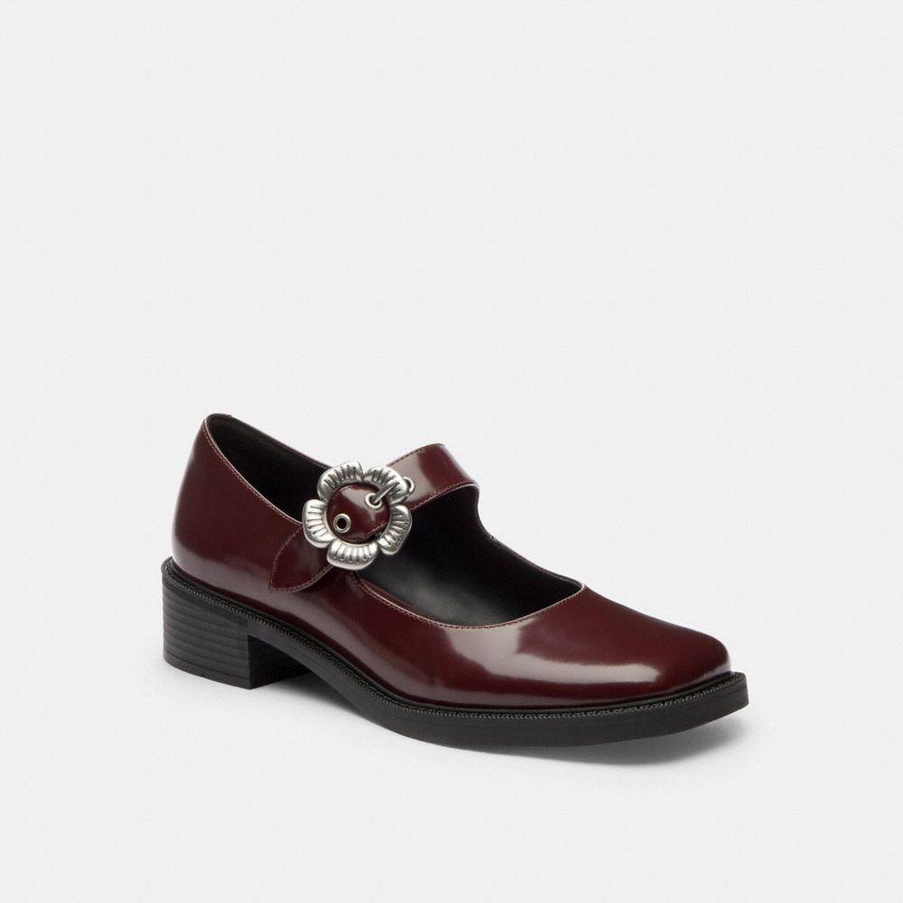 COACH®,Tea Rose Mary Jane,Rubber,Leather,Lining Leather,Flats,Embellished,Padded Insole,Cushioned,Day Party,Maroon,Front View