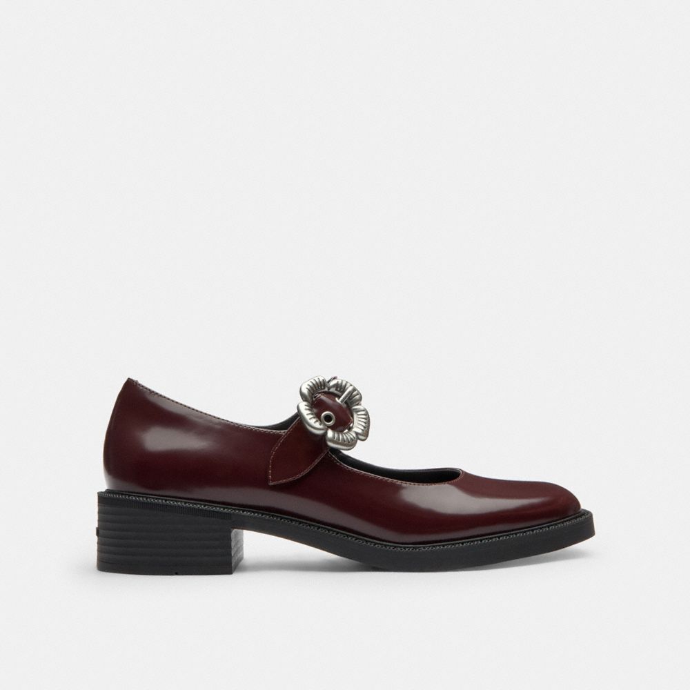 COACH®,Tea Rose Mary Jane,Rubber,Leather,Lining Leather,Flats,Embellished,Padded Insole,Cushioned,Day Party,Maroon,Angle View