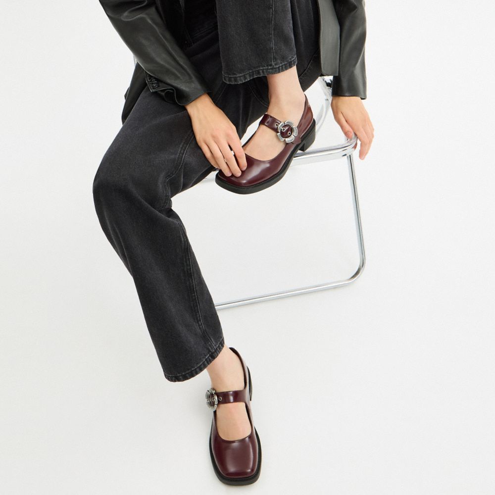 COACH®,Tea Rose Mary Jane,Rubber,Leather,Lining Leather,Flats,Embellished,Padded Insole,Cushioned,Day Party,Maroon,Detail View